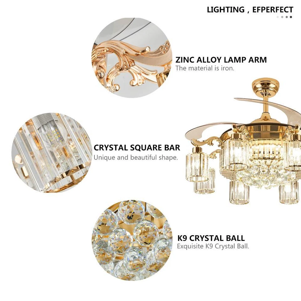 42" Luxury 8-Lights LED Crystal Chandelier Retractable Ceiling Fan Lamp w/Remote - Image 4 of 4