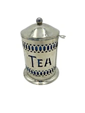 Vintage Hammered Silver Plate Tea Canister Caddy w/Lid Blue Plastic Insert