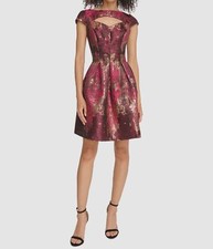 Vince Camuto Women's Red Metallic Jacquard Cutout Boatneck A-Line Dress Size 2