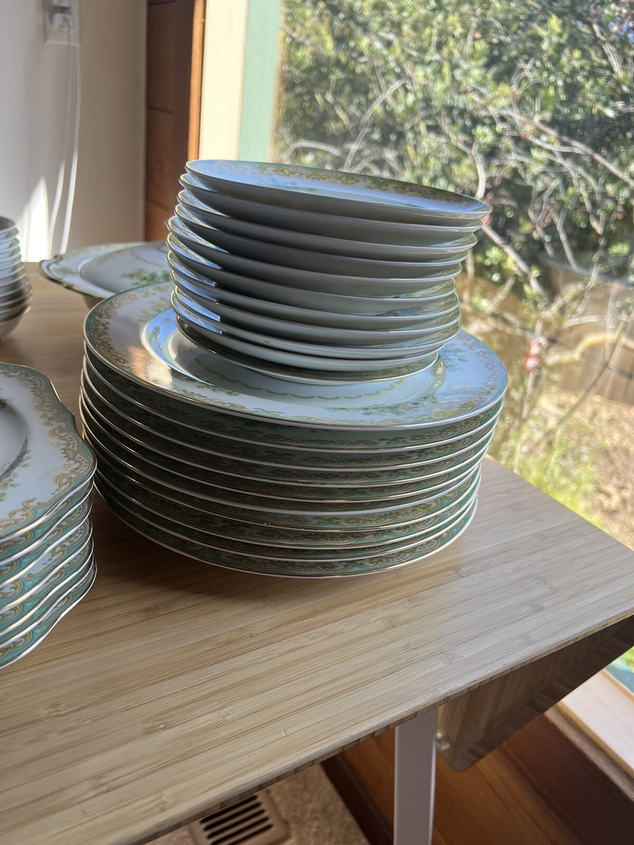 Vintage Noritake Set 66 Pieces Green & Gold Trim Floral