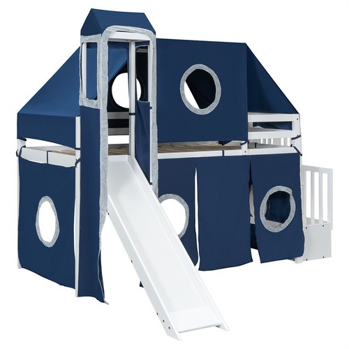 Twin Size Wood Loft Bed with Slide,Tent, Tower & Storage Staircase for Kids Blue - Picture 9 of 18