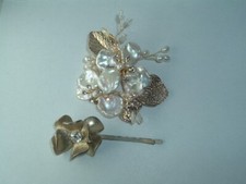 VINTAGE MOTHER OF PEARL CRYSTAL BEAD FLOWER HAIR SCARF CLIP  BOBBY PIN