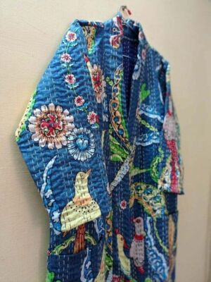 Indian Cotton Kantha Quilt Bird Print Long Kimono Bath Robe Nightwear Gown Dress