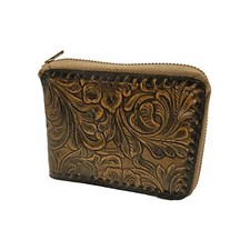 Centra Leather Goods Floral Embossed Zipper Bifold Wallet Made In USA