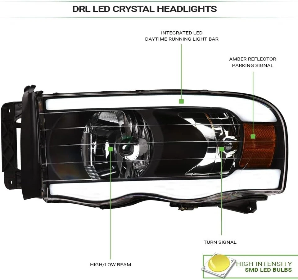 For 2002-2005 Dodge Ram 1500 2500 3500 LED DRL Headlights Black Housing Pair L+R - Image 3 of 4