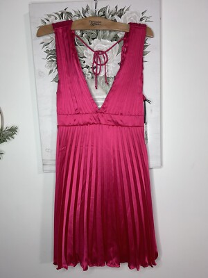 Sincerely Jules Satin Bright Pink Pleated Deep V Front /Back Mini Dress Sz  M | eBay