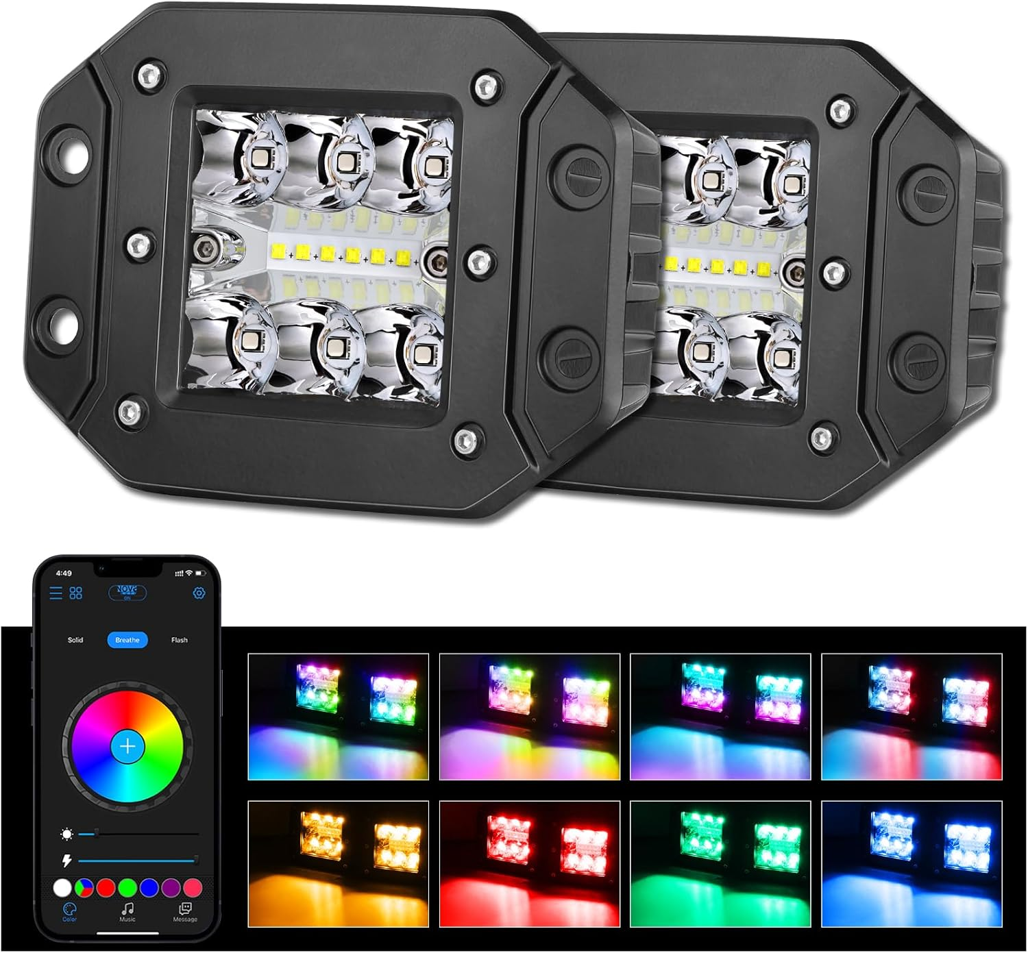 RGBW Flush Mount LED Lights, 5Inch 60W LED Driving Lights RGBW LED Work Light Fl