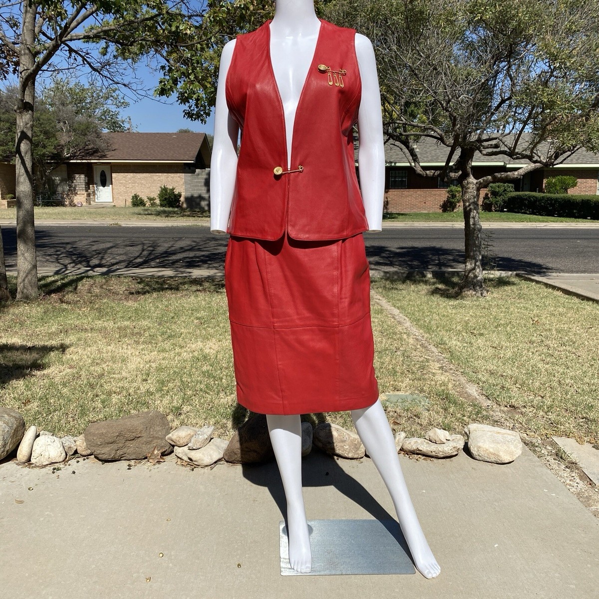 80s 90s Braefair Leather red vest skirt outfit set sz 10 gold safety pin  buttons