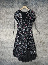 Parker Dress Womens 6 Black Floral Wrap Maxi Puff Sleeve Ruched Asymmetrical Hem