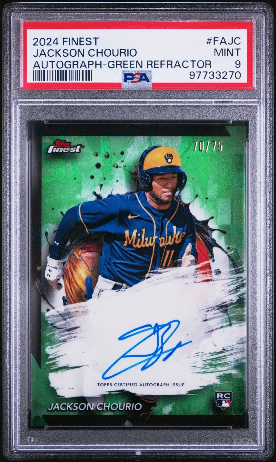 2024 Topps Finest Jackson Chourio Rookie Auto Green Refractor /75 PSA 9 Brewers