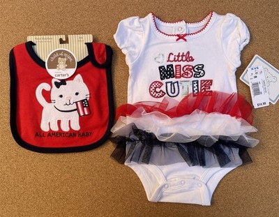 July 4th Applique Sequins Koala Baby 3m Tutu Bodysuit + Carter's Cat/Flag Bib