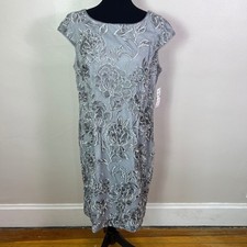 Alex Evenings Size 16 Silver Floral Embroidered Mesh Sheath Dress NWT 195