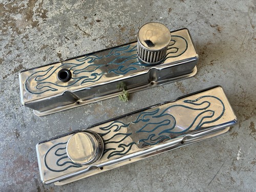 Custom Chrome Small Block Chevy Valve Covers w/ Blue Flame & Breather Caps