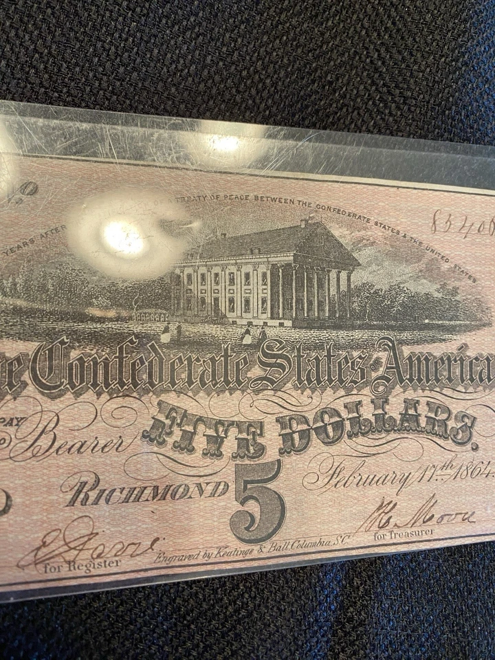 1864 Confederate States of America $5 Five Dollars - Civil War Note - Image 4 of 4