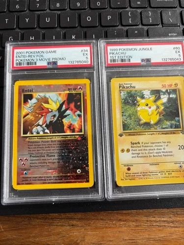 PSA 5 2001 Pokemon Game Entei-REV-Foil #34 and 1999 Pikachu 1st Edition #60