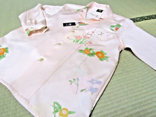 Japanese Antique Silk Kimono Shirt Long Sleeve S Pale Pink Floral Fan