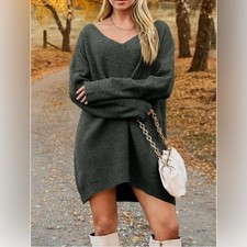Green vneck dropped shoulder ribbed knit sweater dress size small