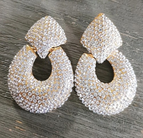 Pendientes colgantes Jarin Pave de cristal de Swarovski vintage grandes tono dorado con clip