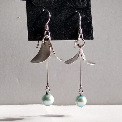 VTG  925 Sterling Silver Petal AQUA Blue Pearl Flower Drop Earrings