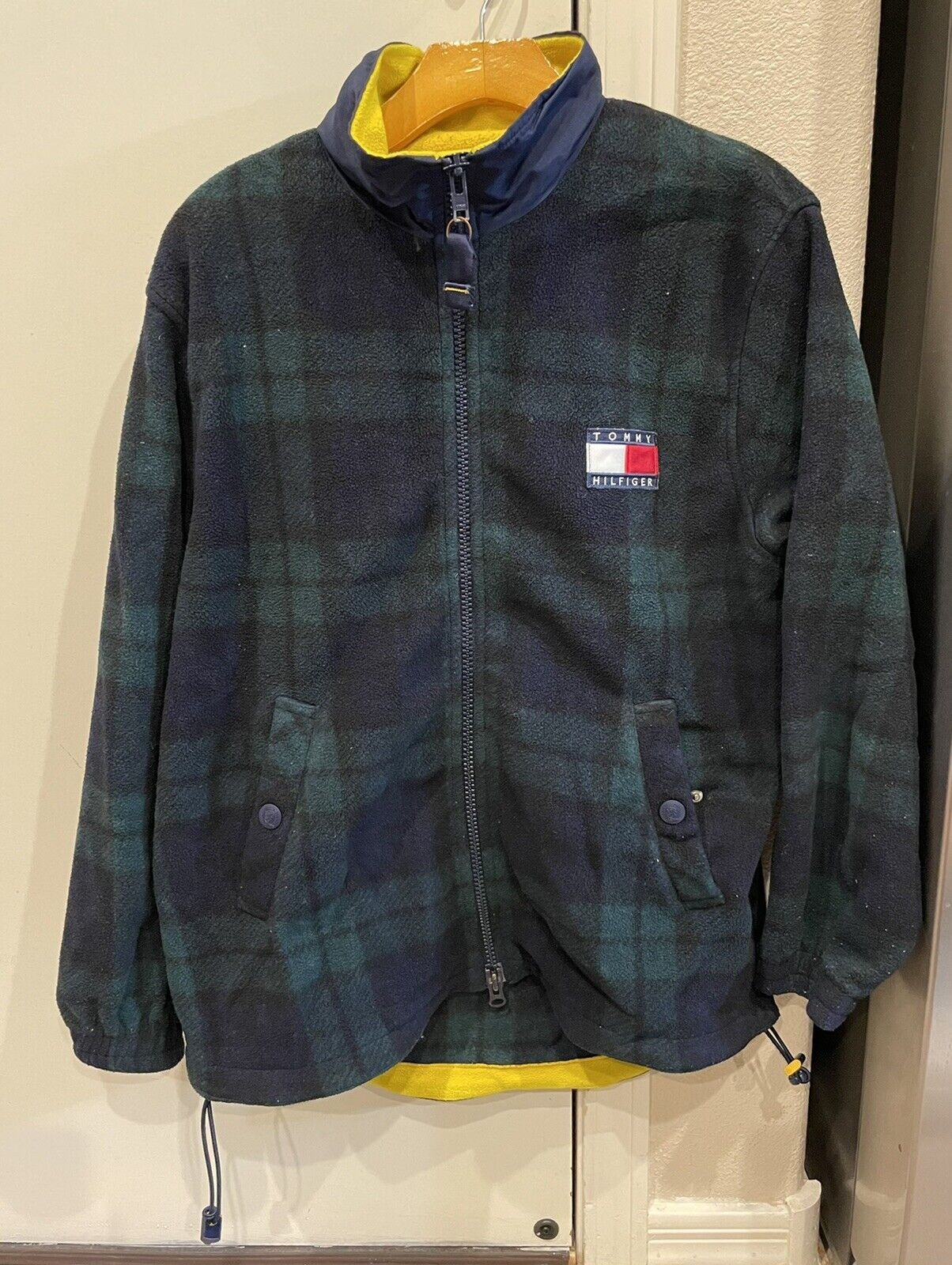 VINTAGE 90s Tommy Full Zip Fleece Jacket Tartan Plaid Green Mens Small |