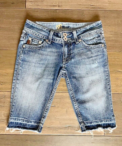 Miss Me Women’s Jean Shorts Size 25 Bermuda Raw Hem Striped Low Denim Y2K