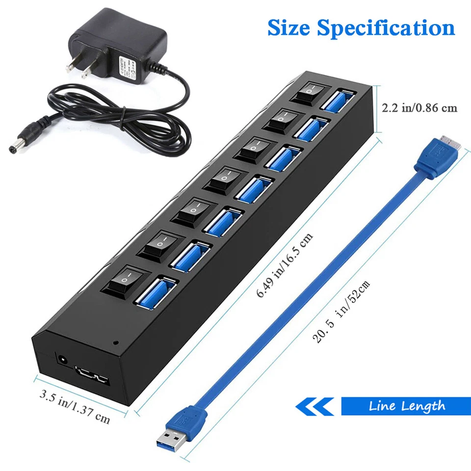 Hub USB 3.0 Cargador Interruptor Divisor Alimentado Adaptador de CA 7 Puertos PC Laptop Escritorio Foto 2 de 4