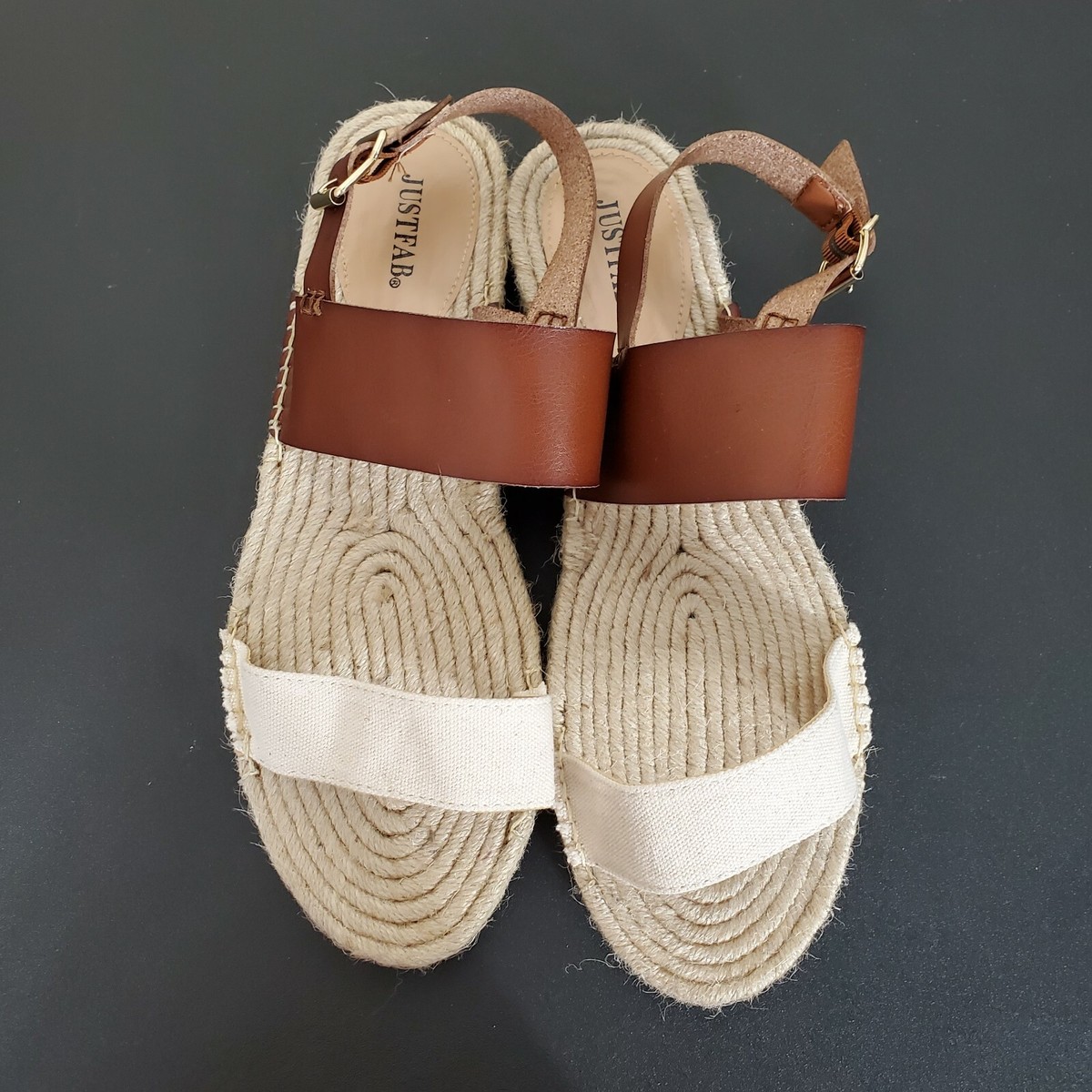 JustFab Sandals 10 Sanna Brown White Adjustable ankle Strap Flats