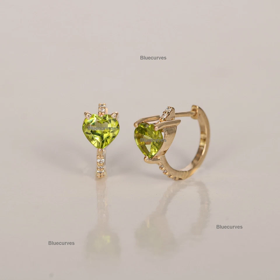 6mm Heart Natural Peridot with Studded Diamond Heart Hoops Earrings 14k Gold - Image 3 of 4