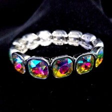 Rhinestone Bracelet Stretch, AB Iridescent Silver, Crystal Pageant Prom Jewelry