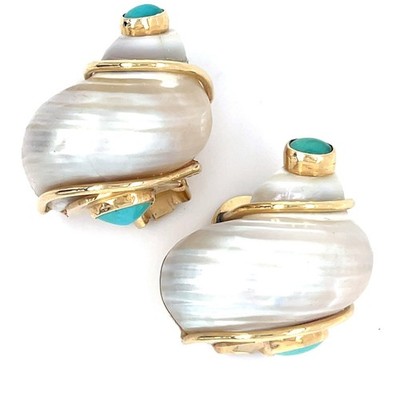 Seemann Schepps 14k Gelbgold Turbo Muschel Ohrclips Türkis Cabochons