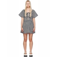 Ganni SIZE 40 Seersucker Check Layered Scandi Mini Egret Babydoll Dress NWT