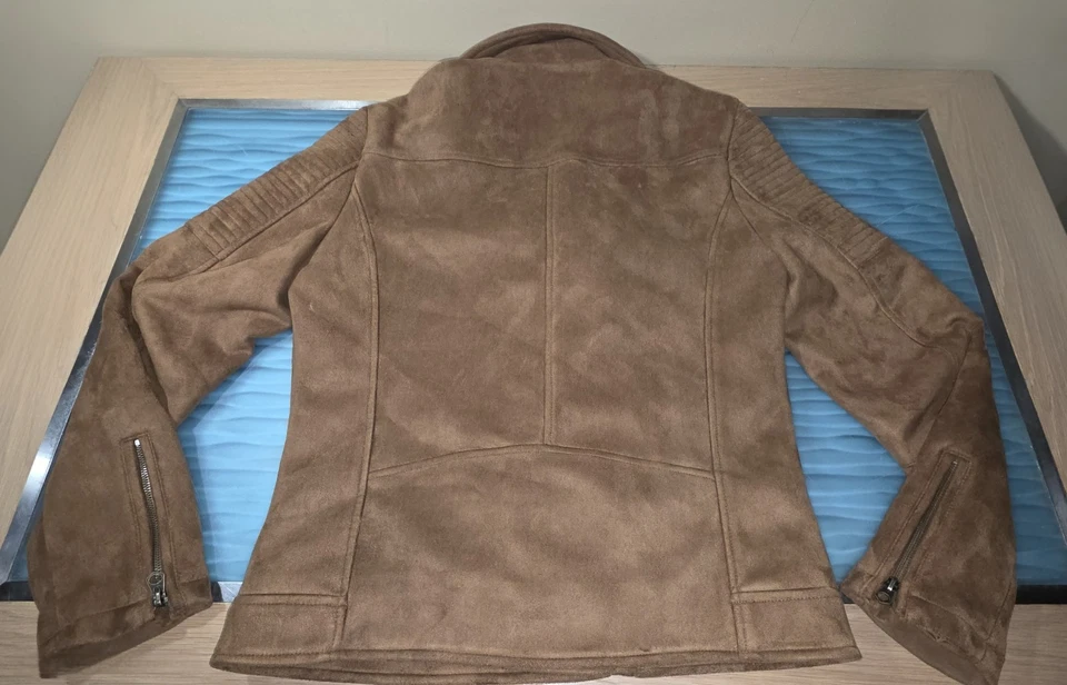 ASOS Faux Suede Moto Biker Jacket Men’s Size Small Camel Tan Zip Up Soft Lined - Image 4 of 4