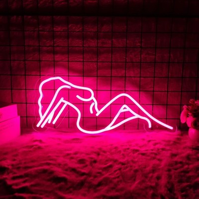 16''x7'' Nuked Girl Lady Sex Pink Bar LED Neon Sign With Dimmer USB Powered Light