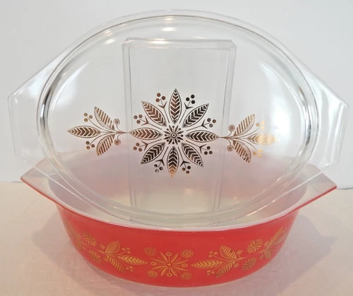 Vtg Pyrex Golden Poinsettia 2.5 Qt. Red Casserole Dish 045 Christmas Promo 1961