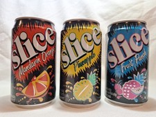 Juego de 3 latas vacías SLICE. NARANJA MANDARINA/PONCHE DE FRUTAS/PIÑA Extremadamente raro.