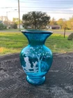 Fenton 6.75" Teal Glass Mary Gregory Vase signed Nancy Fenton Hand-Painted MINTY
