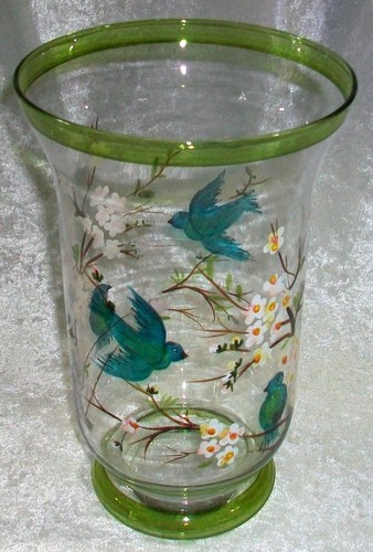Vintage Hand Painted White Floral Blue Bluebirds Clear Glass Candle Holder Vase