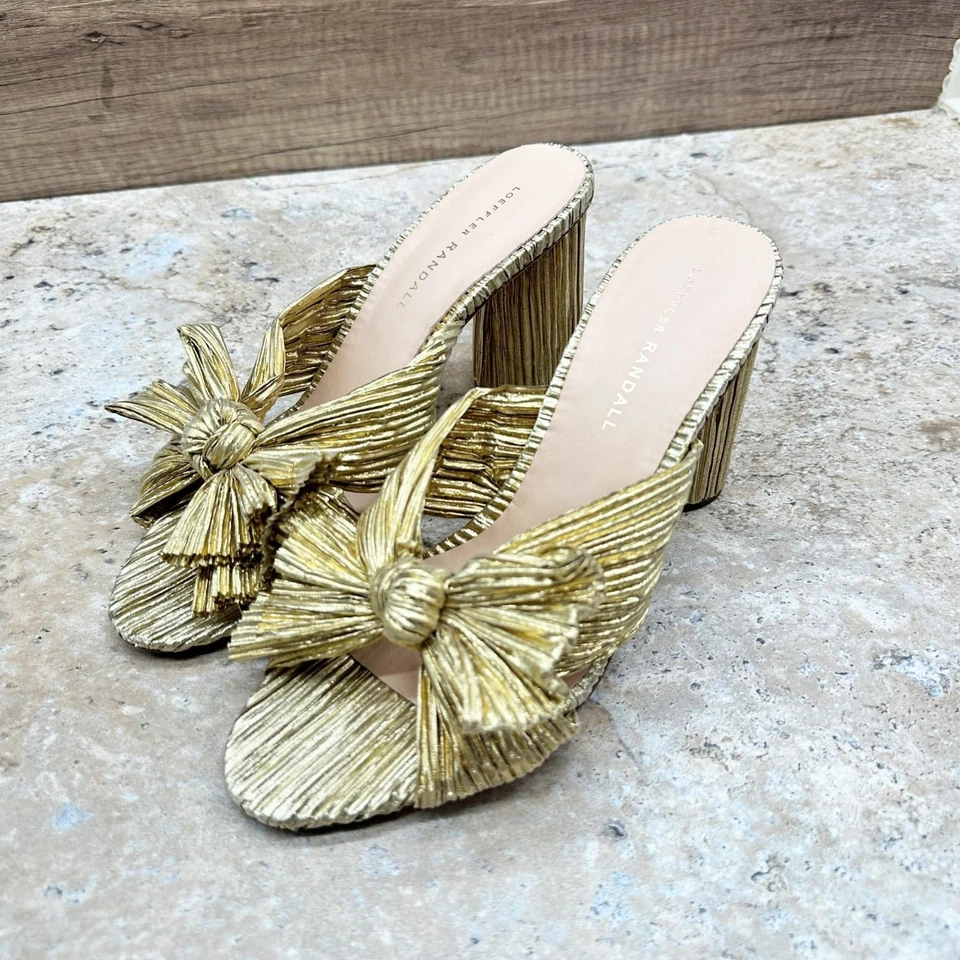 Loeffler Randall Womens Mules Bow Heels Emilia Gold Pleated Block Heel Size 9B - Image 3 of 4