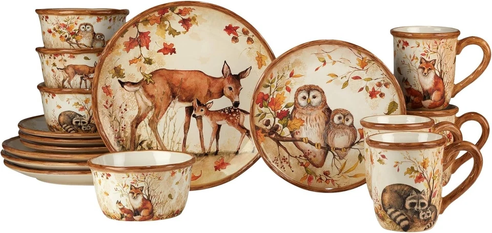 Rustic Pine Forest 16-Piece Dinnerware Set for 4 – Hand-Painted Ceramic Charm - Image 3 of 4