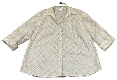 Lands End Women Short Sleeve Button Up Argyle Plaid No Iron Cottagecore Cotton