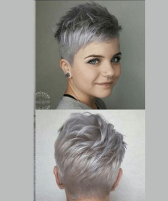Short Pixie Silver Grey Straight Bob Human Hair Wig