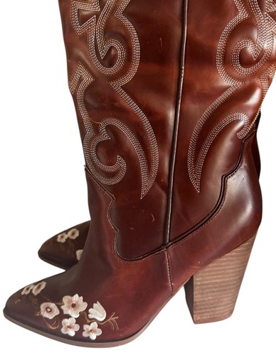 Steve Madden Lashes Brown Leather Floral Embroidered Tall Western Boots Size 10 - Picture 10 of 18
