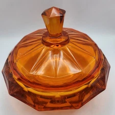 Vintage Glass Diamond Point Covered Candy Dish - Persimmon 0r Amberina