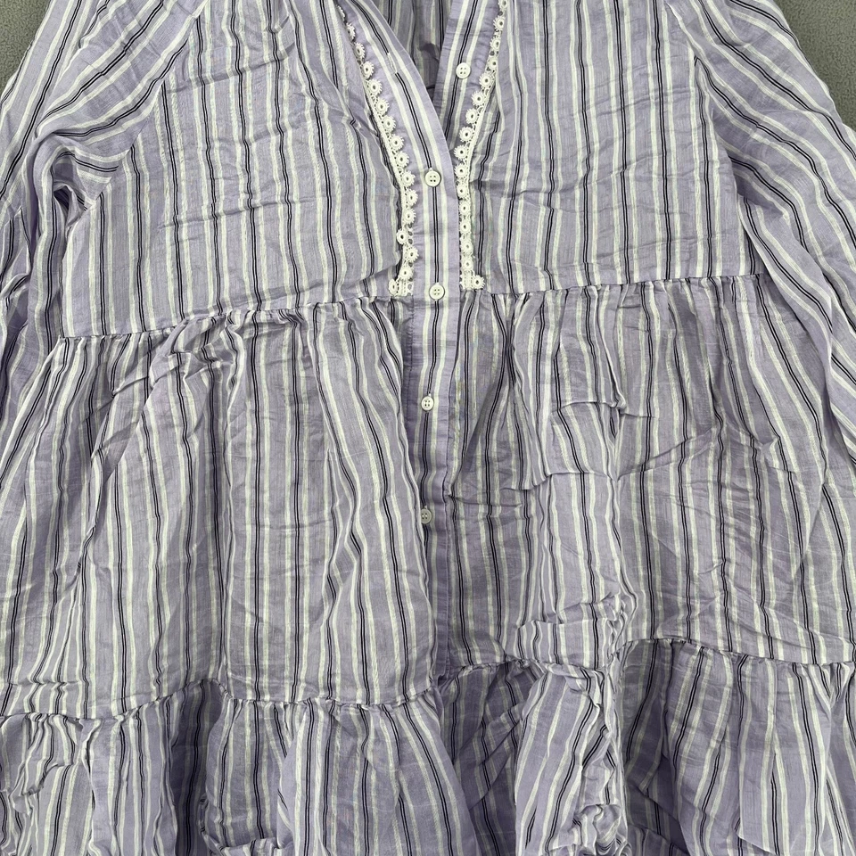 Sandro Dress Womens 38 Purple Button Tier Smocked Striped Long Sleeve Lace Paris - Image 3 of 4