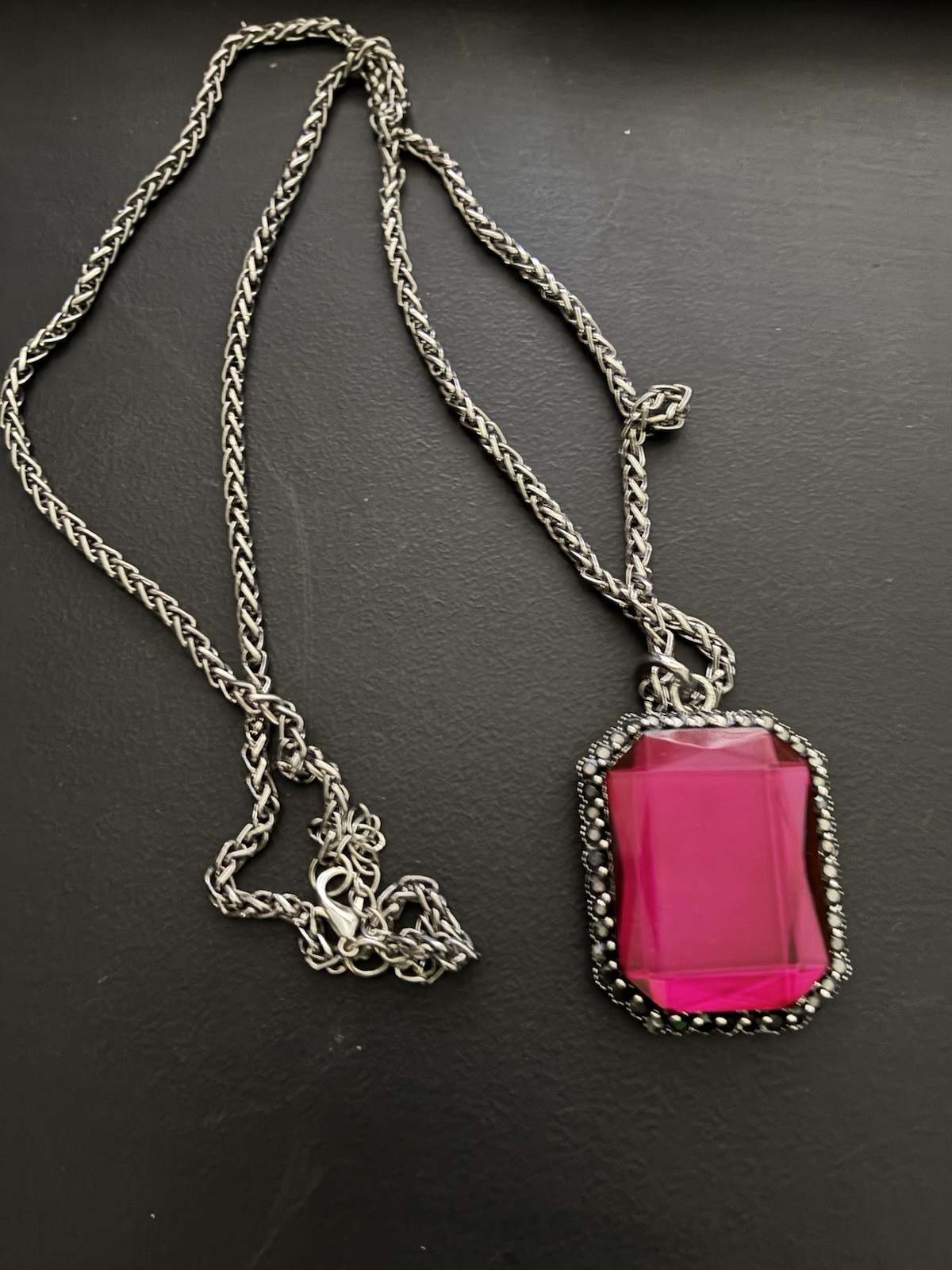 Silver Chain Necklace with Pink Rectangular Charm… - image 1