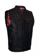 Custom Made Black Leather Vest Motorcycle Concealed Paisley Lining Waistcoat