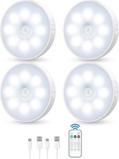 Motion Sensor Puck Light with Remote, Wireless Dimmable 4 Pack, Cool White