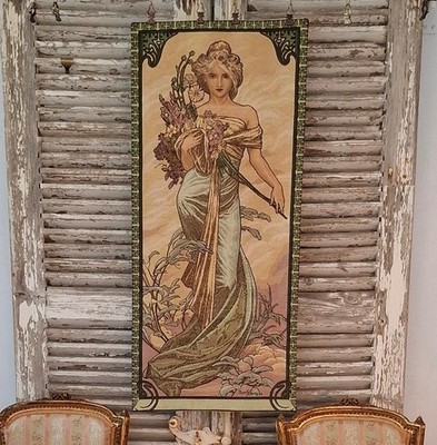 Göttlicher Vintage französischer Wandteppich Wandbehang ''Le Printemps'' nach Alphonse Mucha