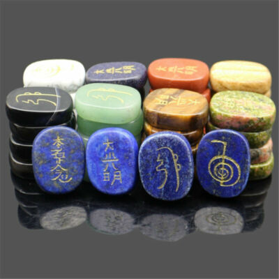 4pcs/Set 7 Chakra Palm Stone Set Engraved Usui Symbols Reiki Crystal Stones