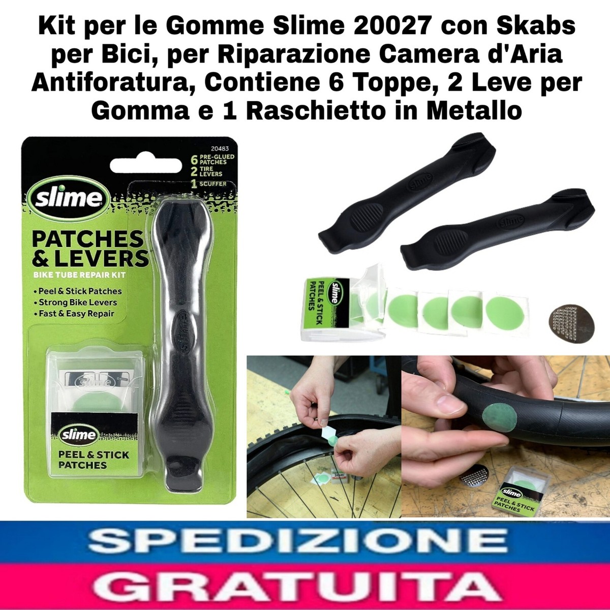 Kit Riparazione Gomme Per Bici Slime - 6 Toppe Adesive Senza Colla Con Raschietto Metallico - Antiforatura Rapida E Pulita